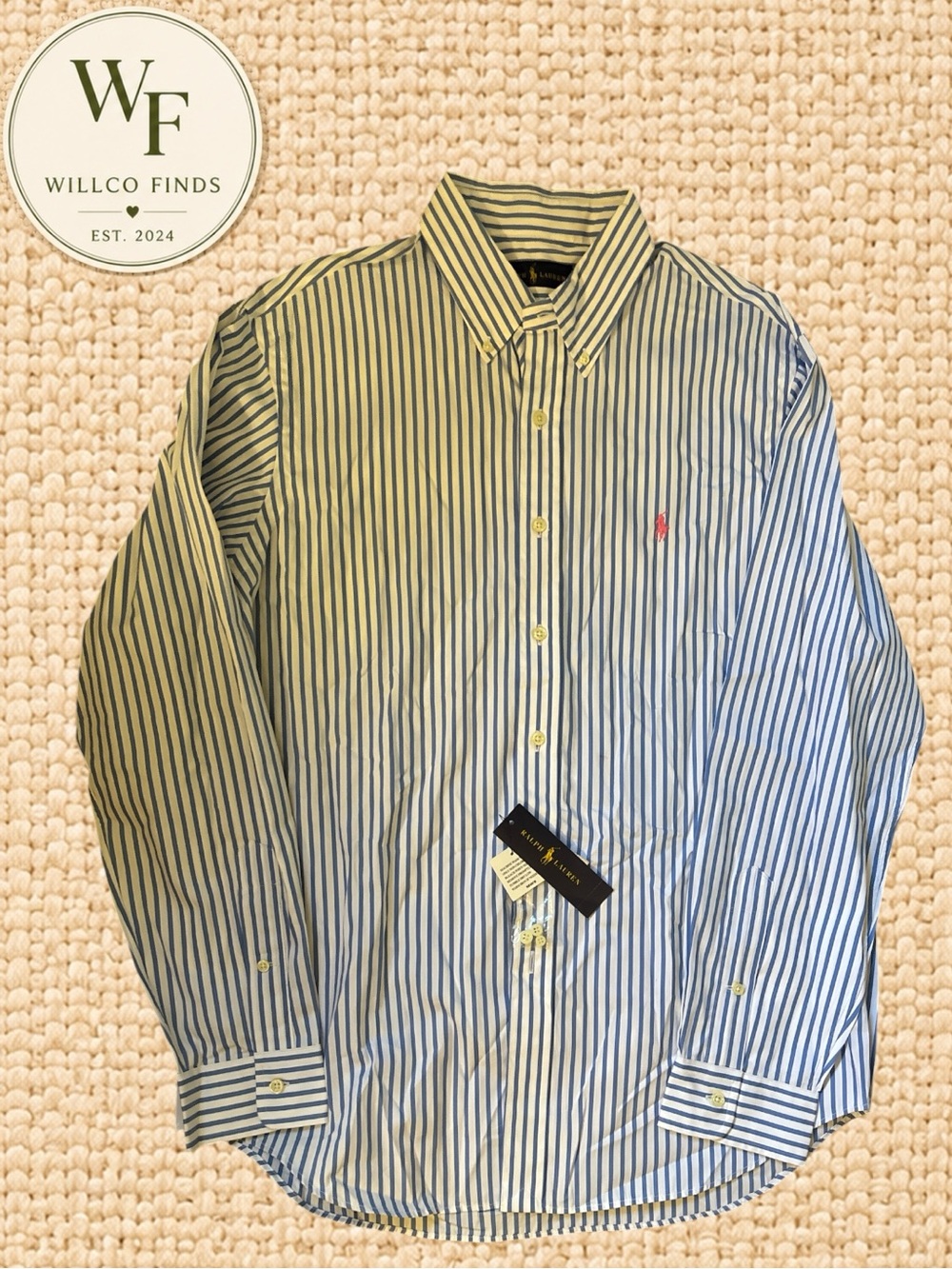 NWT Polo Ralph Lauren Men’s Large Blue White Stripe Button Down Pink Pony